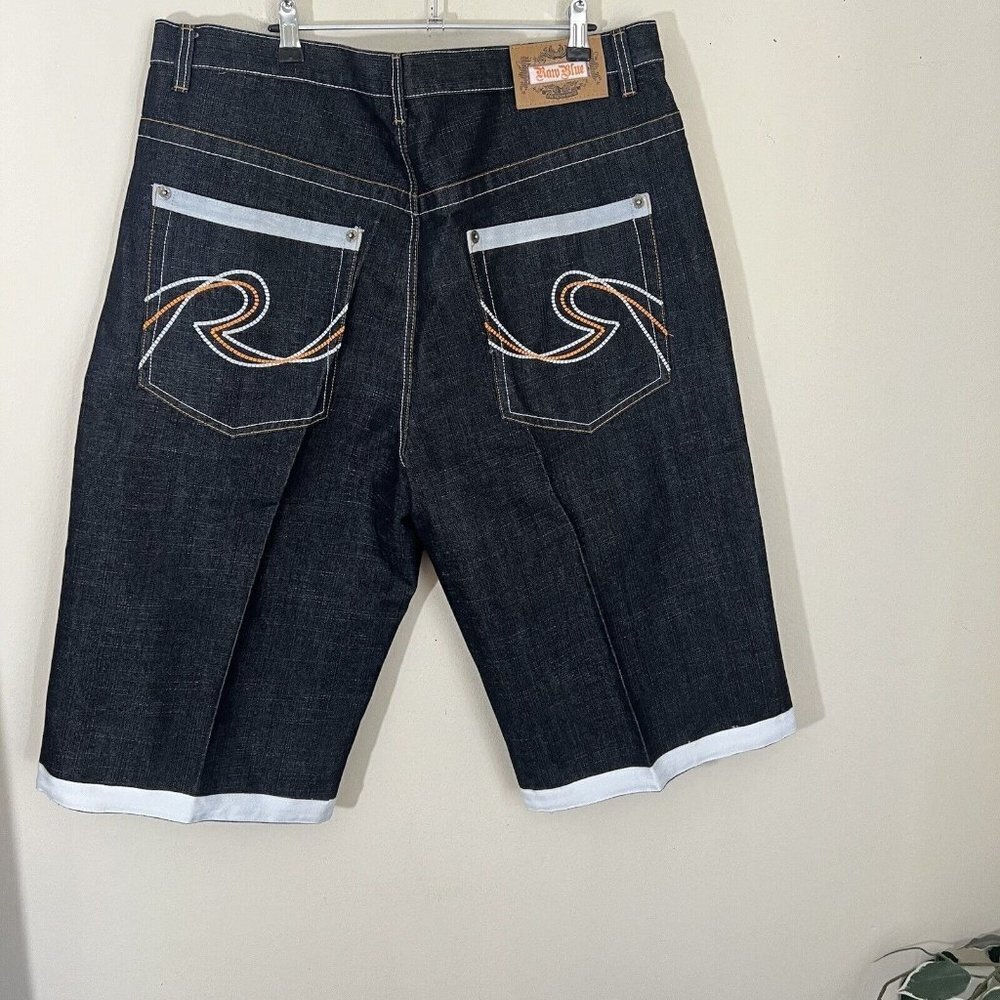 Raw Blue Jean Shorts Thick Stitch Baggy Y2K 90s Hip Hop Skater Mens 40 Black New